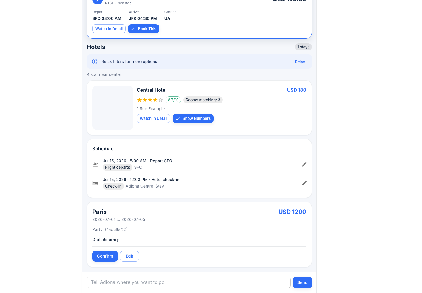 Itinerary summary and input bar
